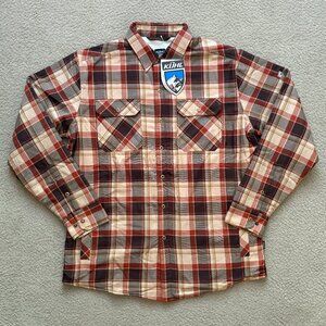 KUHL Outrydr Fleece Lined Flannel Shirt Jacket Medium Pockets Rustic Brown NWT